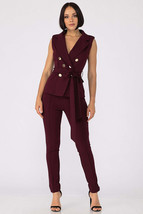 Wine Red Sleeveless Vest Blazer Tie Belt and skinny pant outfit sets Bus... - $39.00