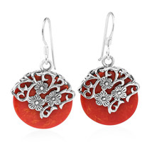 Elegant Flowers on a Vine Red Synthetic Coral Sterling Silver Dangle Earrings - £21.51 GBP