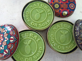 Natural Olive Oil Soap 3 Pieces Lot In Decorative Collectible Metal Boxes 4.2oz - £19.74 GBP