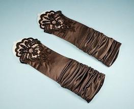 Bridal Prom Costume Adult Satin Fingerless Gloves Dk Brown Elbow Length Party - £9.95 GBP
