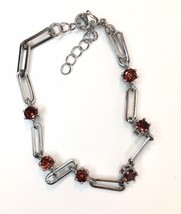 Silver Tone &amp; Orange (ish) Red Stone Link Bracelet Marked 316l S. Steel 7&quot; - £13.37 GBP