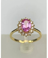 2.20Ct Oval Simulated Pink Sapphire Halo Engagement Ring 14K Yellow Gold... - £38.81 GBP