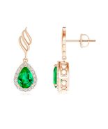 ANGARA 1.42 Ct Pear Emerald Halo Drop Earrings with Trio Swirls in 14K Gold - $3,479.00
