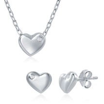 Sterling Silver Small Heart with Single CZ Necklace &amp; Earrings Set - £44.58 GBP
