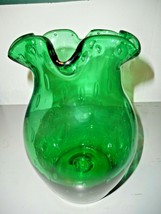 Dark Green Clear Bulbous Control Bubble Tall Glass Vase Pontil Fluted Top 8 3/4&quot; - £50.35 GBP