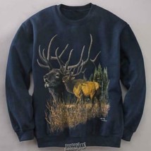 Wildlife Sweatshirt Elk Deer Large Navy Blue Shirt Nature Hunting silk screened - £17.17 GBP