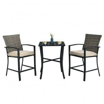 3 Pieces Patio Rattan Bar Furniture Set with Slat Table and 2 Cushioned ... - £308.18 GBP