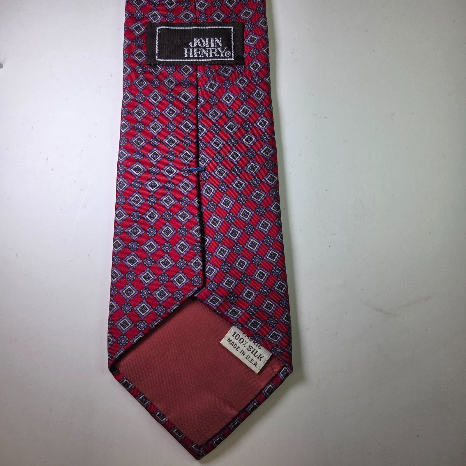Vintage John Henry Tie Red Geometric Diamond Pattern 100% Silk Made in USA 3.75" Item image 4