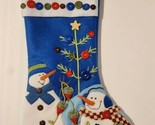 3D Snowmen + Tree Appliqued Felt Fleece Christmas Stocking Blue Buttons ... - £21.80 GBP