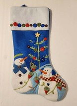 3D Snowmen + Tree Appliqued Felt Fleece Christmas Stocking Blue Buttons Hearts  - £21.74 GBP