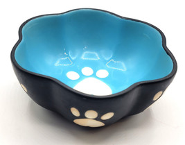 Small Cat Dog Pet Dish Food or Water Ceramic Paw Print Blue Black SPOT - $24.95