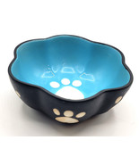 Small Cat Dog Pet Dish Food or Water Ceramic Paw Print Blue Black SPOT - £19.62 GBP
