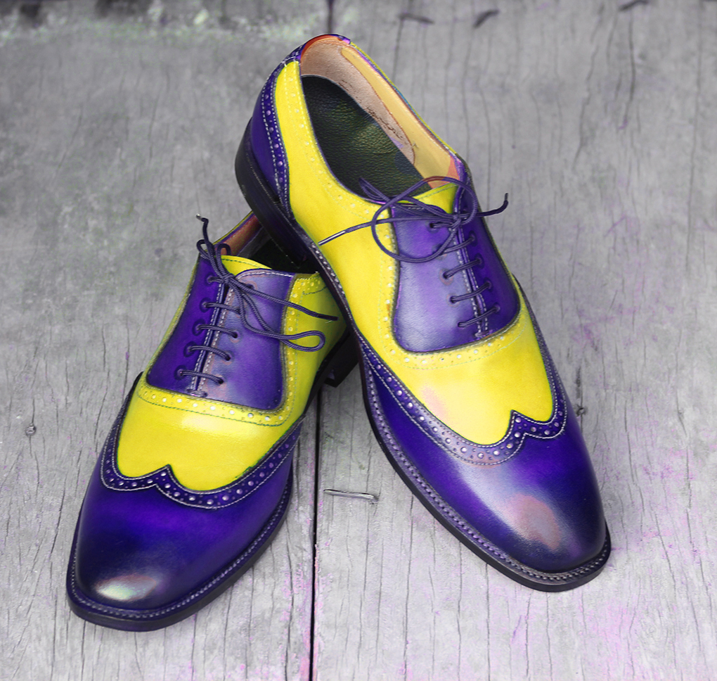 Men's Handmade Blue Yellow Wing Tip Lace Up Leather Shoes, Men 2Tone Dress Shoes