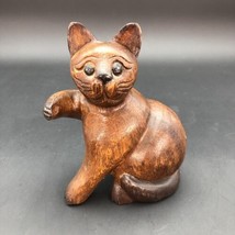 Vintage Carved Solid Wood Cat Kitten 5 inch High Figurine Med &amp; Dk Brown Paw Up - £12.89 GBP