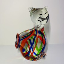 Vintage Murano Style Art Glass Cat Clear Blue Green Orange Size 8.5x5x3 Inches - $99.00