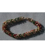 Silver, Green, Red &amp; Gold Byzantine Chainmaille Bracelet    - $25.00