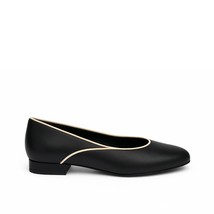 Women ballerina black shoe vegan flat beige trim lasting apple leather r... - $141.16