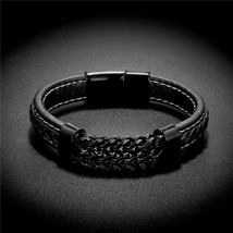 2021 New Men&#39;s Vintage Style Leather Bracelet Gold Black Stainless Steel Chain B - £12.06 GBP