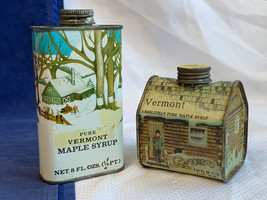 Vtg Pure Vermont Maple Syrup Tin Can Lot 8 Fl Oz &amp; 8.45 Fl Oz Food Conta... - $29.65