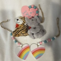 Stuffed Small Animals Lion Elephant Hearts Pink White Turquoise - £7.80 GBP