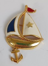 Vintage Avon Enamel Sailboat Brooch Pin Ship&#39;s Anchor Charm Goldtone Nau... - $15.10