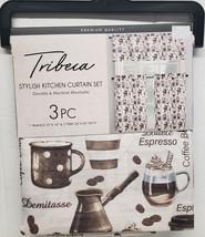 3pc. Kitchen Curtains Set: 2 Tiers(26&quot;x36&quot;)&amp;Valance(52x18&quot;) COFFEE THEME,TRIBECA - £15.81 GBP