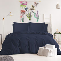 King Navy Blue 6pc Duvet Cover Set Tri-Blend Cotton Fitted - £55.92 GBP