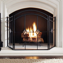 3-Panel Fireplace Screen Arched Diamond Steel Heavy Duty Gate Glass Accents - $152.88