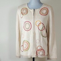 Alfred Dunner Orange Embroidered Beaded Circles Full Zip Cardigan Fall Sweater M - £15.65 GBP