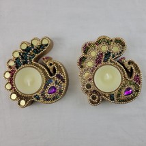 Peacock Candlestick Lot Pair Tea Light Pier 1 Rhinestones Jeweled Sequin... - £15.67 GBP