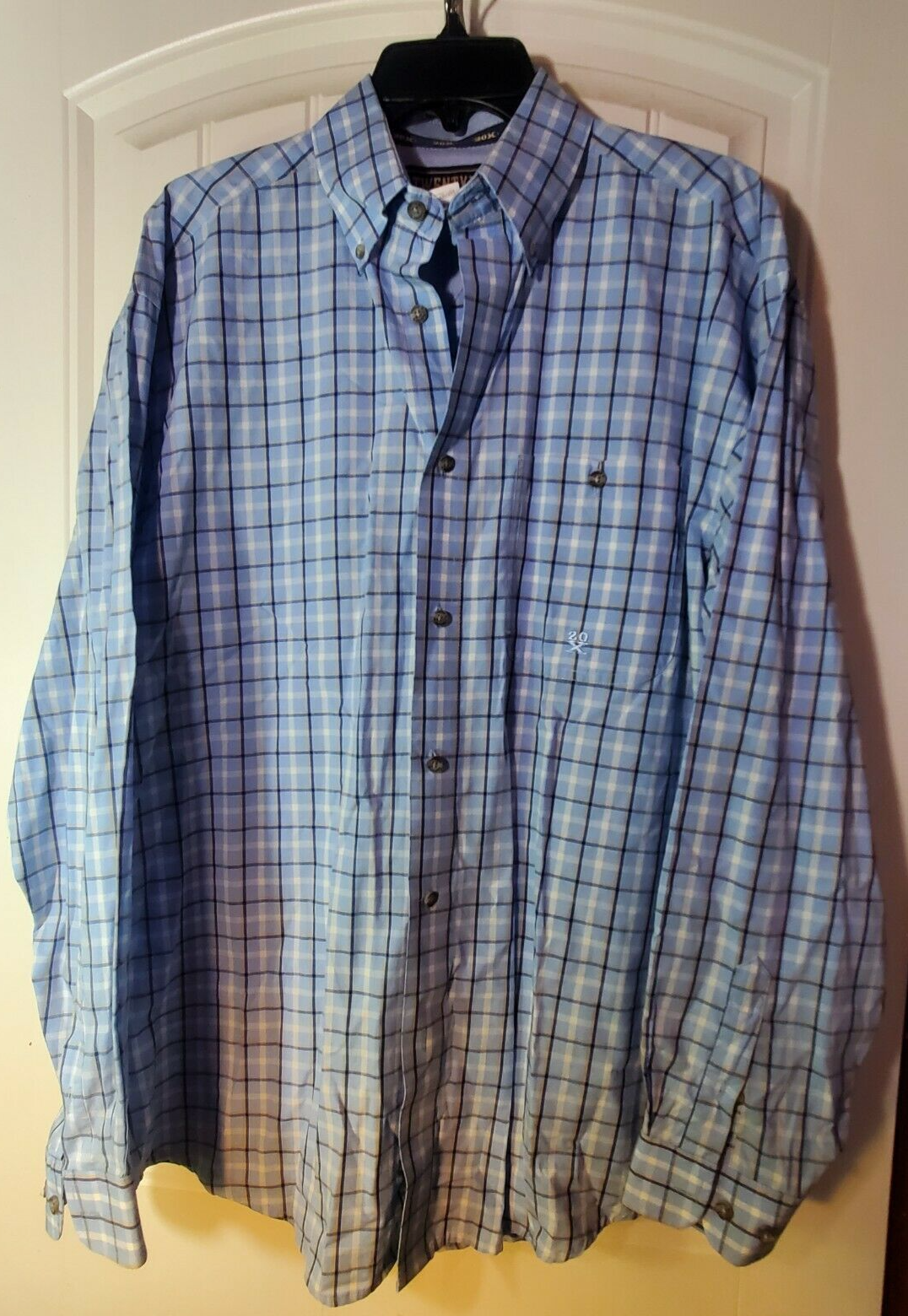 EUC Men’s Blue/Navy Plaid Long Sleeve WRANGLER 20X Shirt Size M - £11.86 GBP