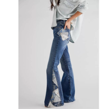 New Free People DRIFTWOOD Farrah Patchwork Flare Jeans $168 SIZE 24 - £90.61 GBP