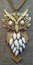 Owl Pendant w/White Glass Feathers Hippie/Boho Vintage - £22.37 GBP