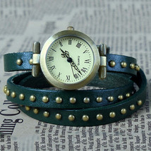 Fashionable Rivet Leather Belt Retro Watch Hand Chain-green - £23.48 GBP