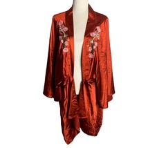 GB Dillards Floral Escapade Kimono Robe M Rust Satin Cocoon Open Embroidery - £29.69 GBP