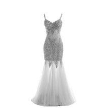 Kivary Backless Tulle Mermaid Beaded Crystals Sheer Prom Evening Dresses Silver  - £197.79 GBP