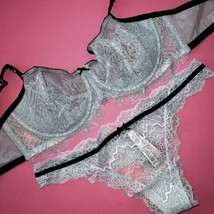 Victoria&#39;s Secret unlined 34DD,34DDD BRA SET thong BABY BLUE lace black velvet - £55.65 GBP