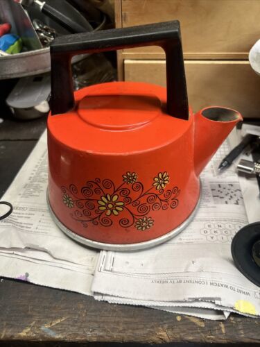 Rare Vintage West Bend Tea Pot Kettle Water Warmer Orange W/Flowers 2.5 Qt - $19.99