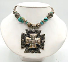 Maltese Cross Rhinestone Turquoise Stone Necklace Silver Tone Western Fa... - $23.07
