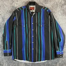 Rustler by Wrangler Pearlsnap Shirt Mens Large Black Blue Striped Loud V... - $22.57