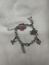 VTG Hard Rock Charm Bracelet Pink Enamel &amp; Rhinestones Ribbon Heart Butt... - $34.62 CAD