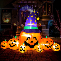 8.7Ft Halloween Inflatables Pumpkins 7 Blow up Decor with Witches Hat, Built-In - £50.01 GBP