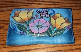 Gently Used Anuschka Floral Wallet Small Clutch Style Blue Leather Butte... - $44.99