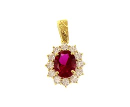 18K YELLOW GOLD FLOWER PENDANT BIG OVAL RED 9x7mm CRYSTAL CUBIC ZIRCONIA... - $547.00