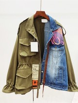 Pring autumn high quality lapel long sleeve fake two piece denim patchwork vintage coat thumb200
