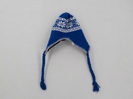 WINTER WOVEN YOUTH HAT UNISEX EAR COVER BLUE &amp; CREAM SNOWFLAKE PATTERN GUC - $3.99
