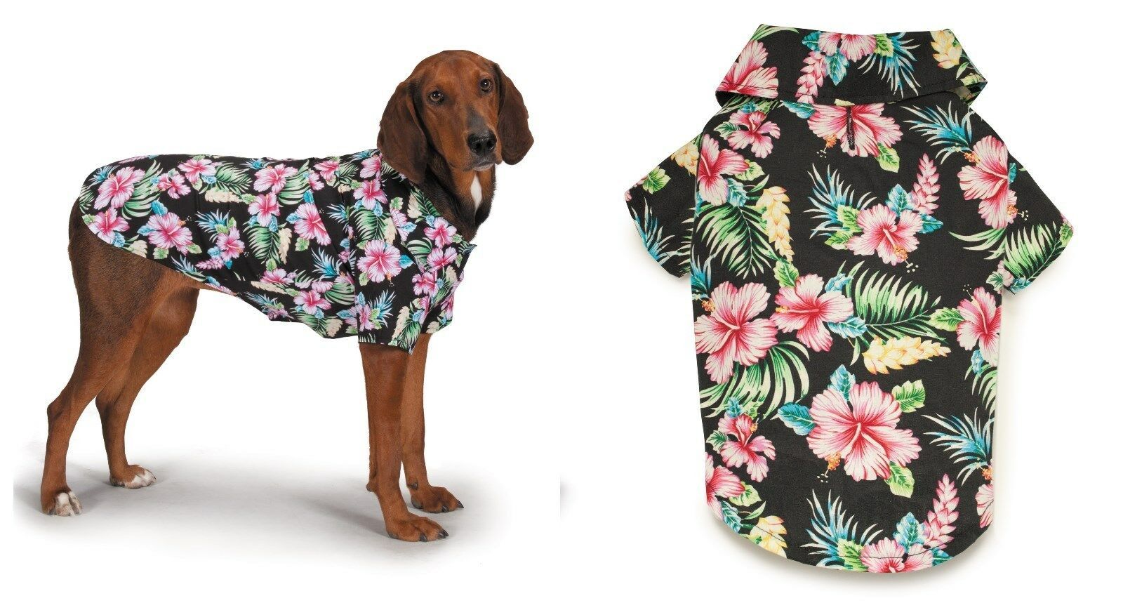Hawaiian Dog Shirt Black Aloha Tropical Hibiscus Island Beach Scene Print Airy - $18.20 - $23.69