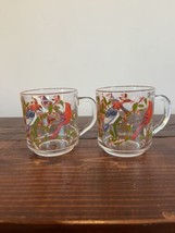 Pair 2 Set Arcoroc 70s Vintage Bird Glass Mugs Cups Cardinal Blue Jay Woodpecker - $29.69