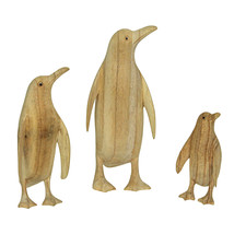 Set of 3 Wood Penguin Family Hand Carved Sculptures Home Décor Figurine Art - £39.80 GBP