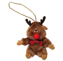 Vintage Reindeer Christmas Ornament Rudolph Plush Red Nose Bowtie Holiday Decor - £15.69 GBP
